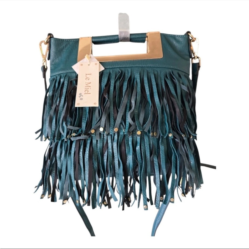 LA MIEL Teal Fringe Crossbody Bag with Gold Hardware